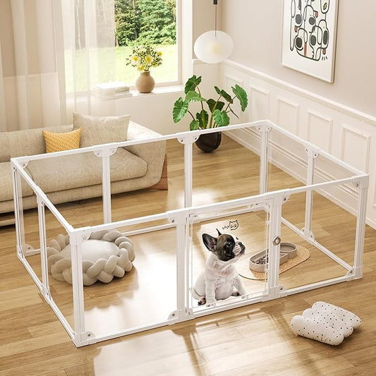 Clear Acrylic Metal Dog Playpen Indoor, Easy Assemble Transparent Puppy Playpen, Expandable & Durable Dog Fence for Puppies and Small Dogs (23.6" H, 10PCS)