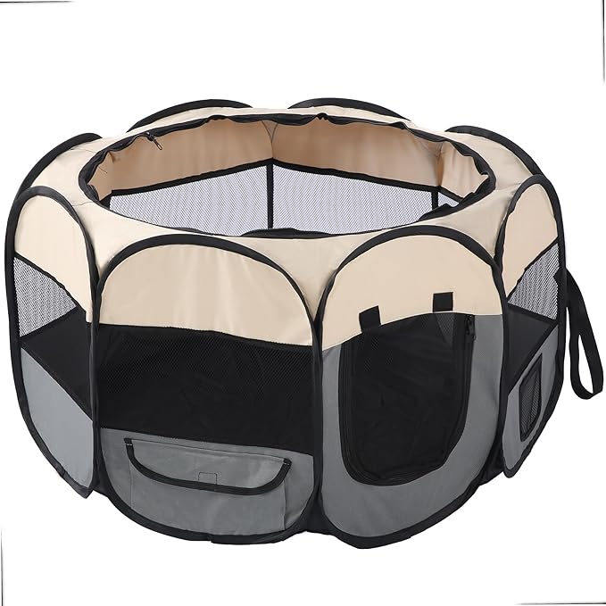 Pet Cat Playpen for Indoor Cats,Portable Pet Dog Playpen,Puppy Small Dog Cat Tent Crates Cage,29x29x16,Grey/Beige,1Pack