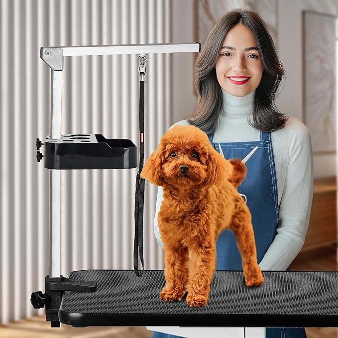 31" Dog Grooming Table, Pneumatic Lift Adjustable Small Pet Trimming Station for Home with Anti-Skid Rubber and Rotatable Desktop （Up to 50lbs）