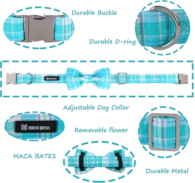 Maca Bates Plaid Blue Dog Collar with Checkered Bow Bowtie for Grid Dogs Bows Tie Adjustable Breakaway Collars Birthday Gift Colar for Small Medium Large XL Girl Boy Male Female Puppy Pets