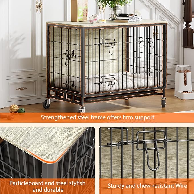 Dog Crate Furniture, 27.2" Wooden Dog Crate with Double Doors & Wheels, Upgraded Small Kennel End Table, Indoor Cage for Small/Medium/Large Dog, Rustic Grey