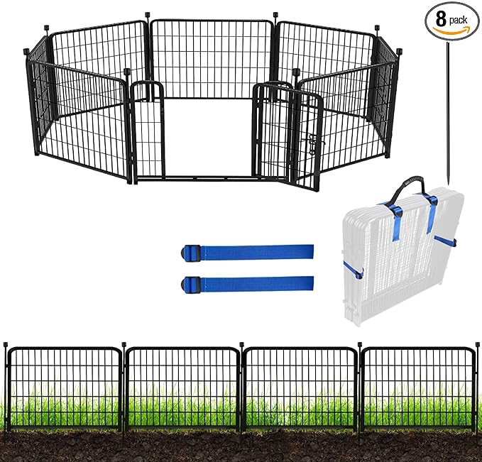 ADAVIN 24 in(H) Garden Fence with Gate, 8 Panels Total 19.7 Ft(L), Heavy Duty Iron Metal Animal Barrier Fence, Dog Fence Outdoor for Yard, Temporary Fencing, No Dig Garden Border Fencing