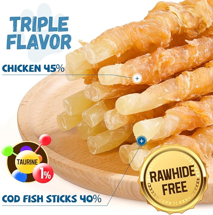 Chicken Wrapped Cod Sticks Dog Treats, Rawhide Free Dog Chewy Natural Training Rewards Snacks Dog Treats for Small Medium Large Dogs 15-17 Counts