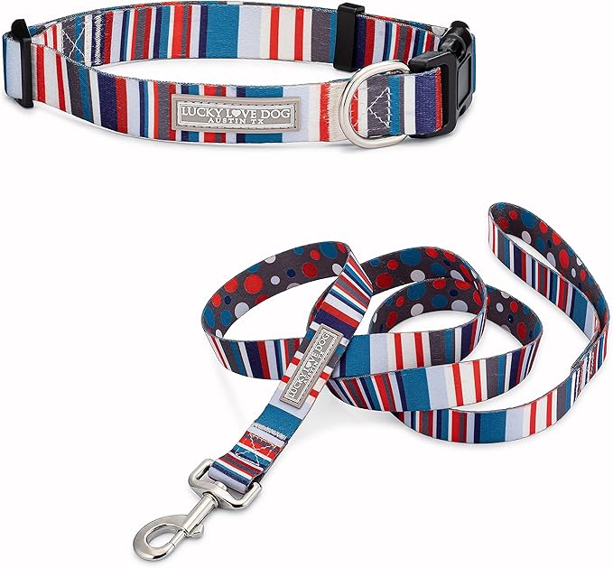 Lucky Love Dog, Nautical Matching Dog Collar and Leash Set, Polka Dot Striped Dog Collar and Leash for Male Female Dogs - (Large, Linus Combo)