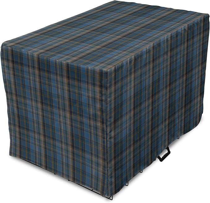 Lunarable Plaid Dog Crate Cover, Striped Geometric British Pattern Modern Design Elements in Patel Colors, Easy to Use Pet Kennel Cover for Medium Large Dogs, 42 Inch, Azure Blue and Marigold