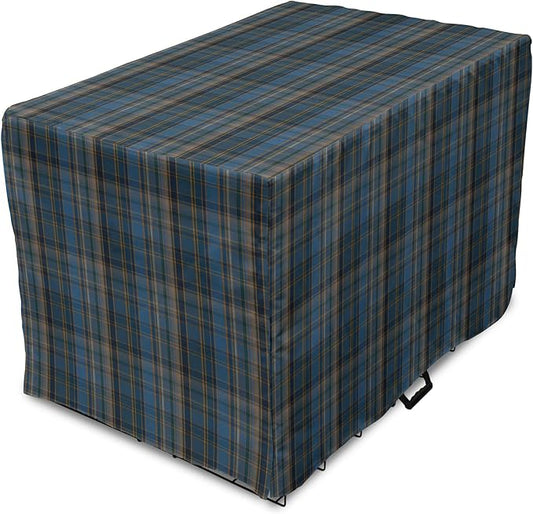 Lunarable Plaid Dog Crate Cover, Striped Geometric British Pattern Modern Design Elements in Patel Colors, Easy to Use Pet Kennel Cover for Medium Large Dogs, 42 Inch, Azure Blue and Marigold