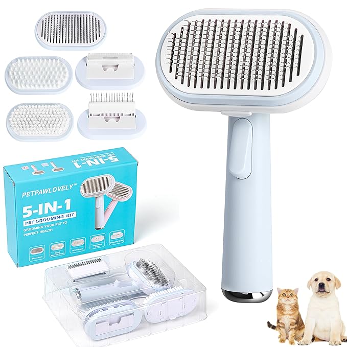 5 IN 1 Pet Grooming Kit,Dog&Cat Self Cleaning Slicker Brush for Shedding.Dematting&Deshedding&Undercoat Dog Brush,Dog Hair Brush,Suitable for Small&Large,Long&Short Haired Pets.(Blue)