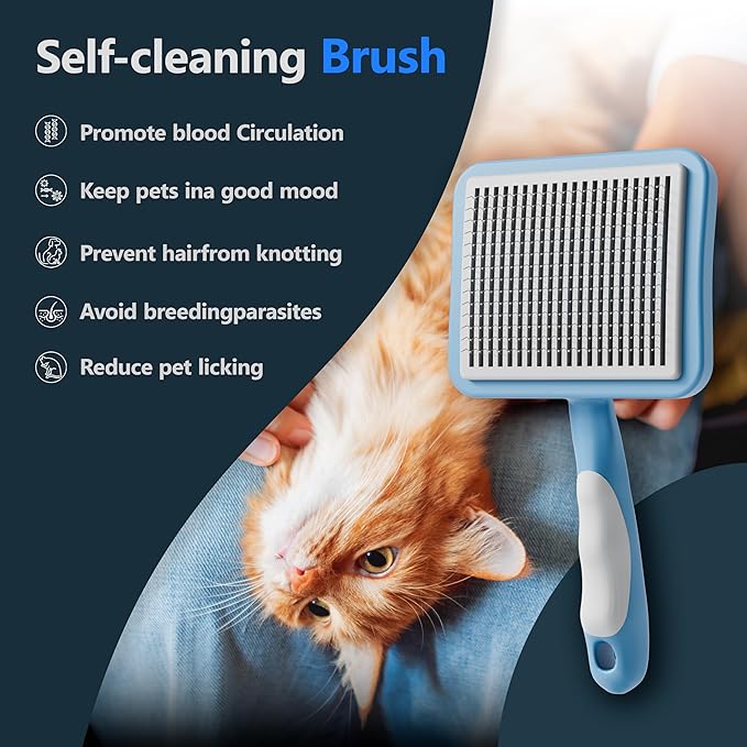 Cat Brush with One-Click Button, Cat Brushes for Indoor Cats Shedding，Self Cleaning Slicker Cat Brush for Shedding Massaging Grooming, Suitable for Long Short Haired Pets, Comfortable/Easy to Clean