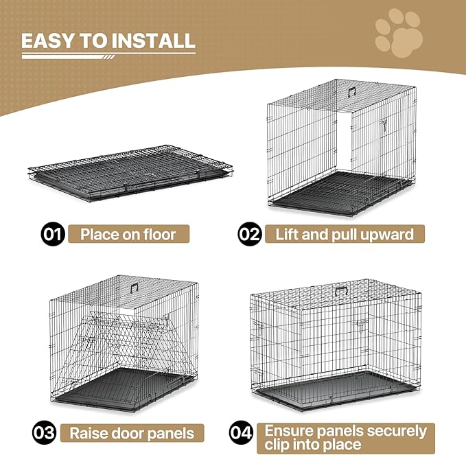 MoNiBloom 24/30/36/42/48 Dog Crates, Foldable Metal Wire Dog Cage with Double-Door, Outdoor Indoor Pet Kennels, Includes Leak-Proof Pan, Divider Panel, Black, 48"