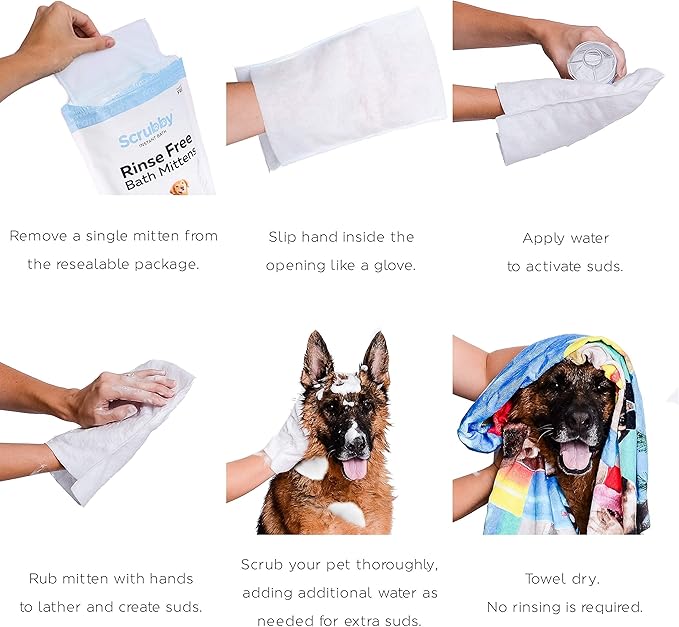 Pet Wipes, Rinse Free Shampoo Mittens for Dogs and Cats, Bath Wipes for Bathing and Washing Pets, Hypoallergenic No Rinse Wash Mitt for Grooming, Lather Wipe Dry
