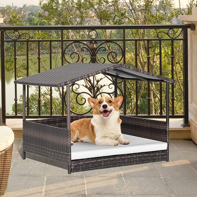 Giantex Wicker Dog House, Raised Rattan Dog Bed with Waterproof Roof, Washable Cushion Cover, Steel Frame, Indoor Outdoor Elevated Dog Bed Pet House for Small Medium Dogs Cats, Easy Assembly