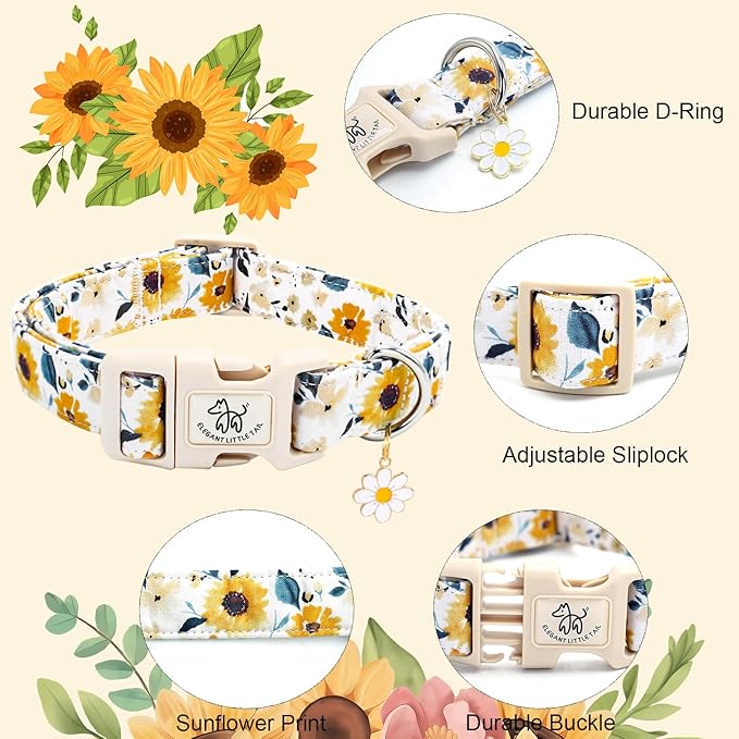 Elegant little tail Dog Collar,Sunflower Pattern Pet Collar Cute Durable Spring Female or Male Adjustable Cotton Pet Collar with Quick Release Buckle for Medium Dogs