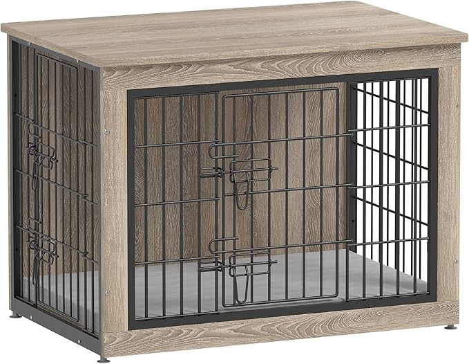 Piskyet Dog Crate Furniture with Cushion,Heavy-Duty Reinforced Metal Mesh,32" Wooden Dog Crate End Table with Double Doors,Indoor Dog Kennel,Dog Cage Side Table for Medium Breed,Grey