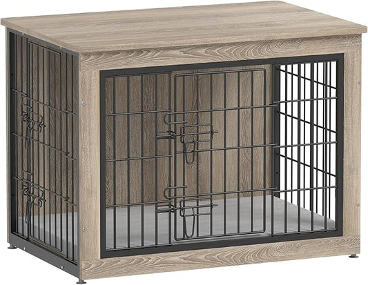 Piskyet Dog Crate Furniture with Cushion,Heavy-Duty Reinforced Metal Mesh,32" Wooden Dog Crate End Table with Double Doors,Indoor Dog Kennel,Dog Cage Side Table for Medium Breed,Grey
