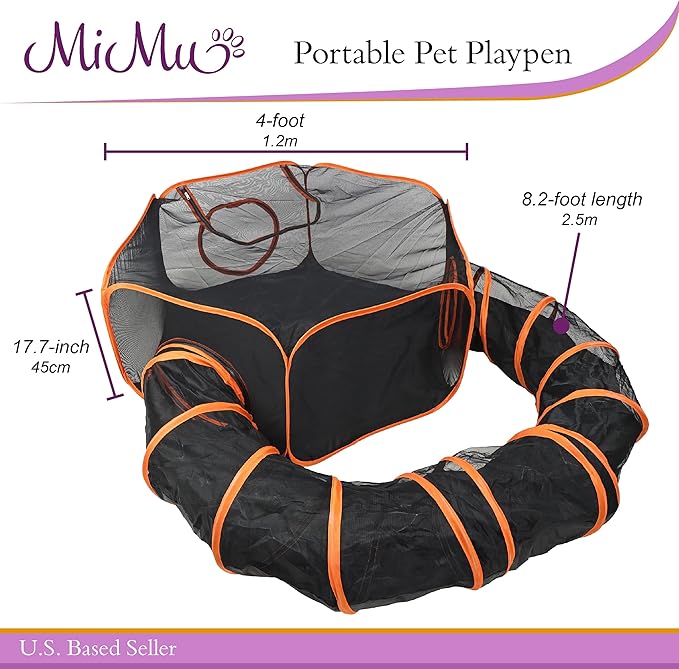 MiMu Dog Playpen Indoor Outdoor 4 Foot Cat Tent with Exercise Tunnel - Orange Pop Up Travel Playpen for Puppies, Kittens, Rabbits, Guinea Pigs, and Small Pets - Portable Enclosed Mesh Pen with Case