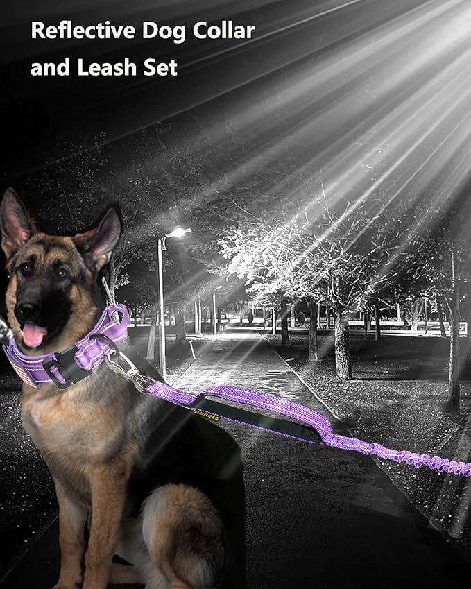 AUBELL Tactical Dog Collar and Leash Set, Adjustable Military Nylon Reflective Dog Leash and Collar with Handle and Heavy Metal Buckle for Medium Large Dogs, with Airtag Case and 2 Patches(Purple, L)