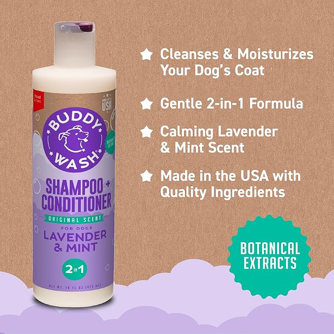 Buddy Grooming Wash 2 in 1 Dog Shampoo, Lavender & Mint, 16 oz. Bottle