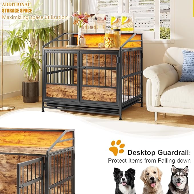 Dog Crate Furniture with Led Lights,Heavy Duty Wooden Dog Kennel with Double Doors,Dog House Indoor for Small Medium Dogs,End Table with Shelves,Black and Brown(34.65" L×24.02W×31.5" H)