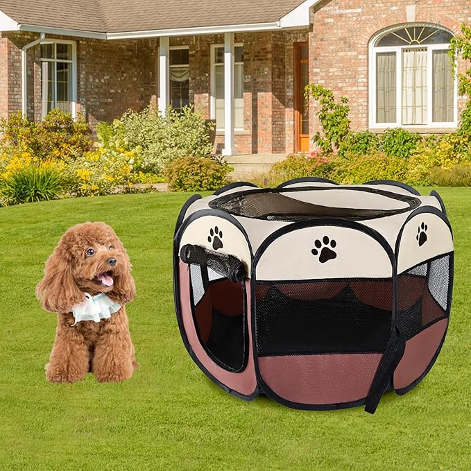 Pet Puppy Dog Playpen Portable, 27” Foldable Crate for Small Dog and Cat,Dog Kennel with Carry Bag, Pop Up Dog Playpen((Brown)