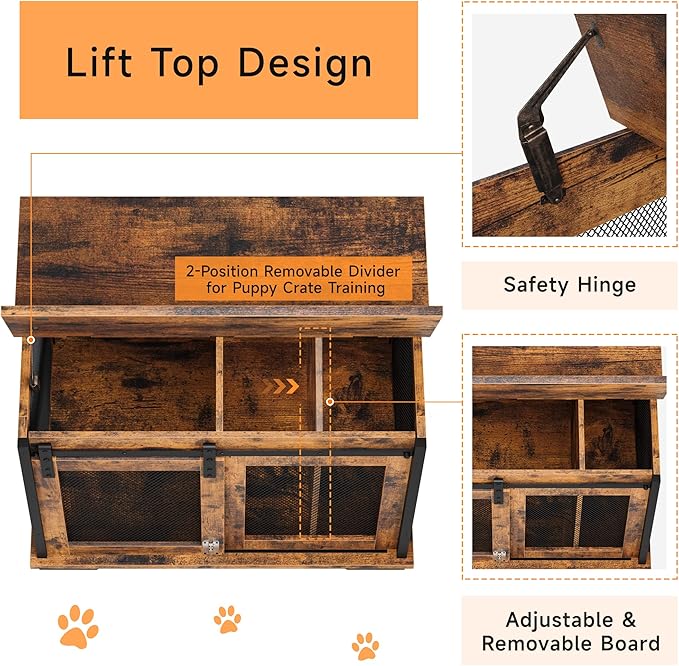 GAOMON Sliding Doors Dog Crate Furniture，Indoor Wooden Dog Crate Furniture with End Table and Flip-top Plate，Detachable Divider for Dog Kennel,Dog House, Rustic Brown