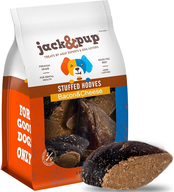 Jack&Pup Filled Cow Hooves for Dogs; Stuffed Dog Chew Hoofs (5 Pack) Cow Hoofs for Dogs. Natural Dog Chews, Filled Dog Bones (Bacon & Cheese Flavor)