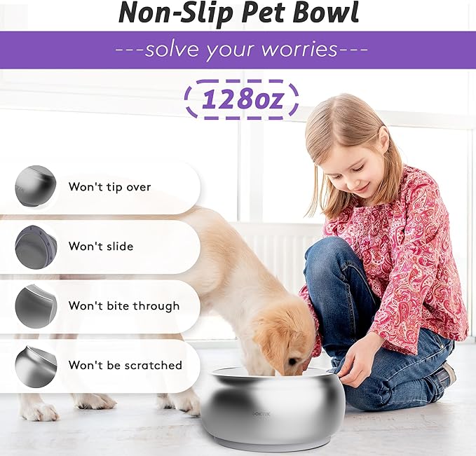 COKTIK Dog Bowl, Insulated Stainless Steel Food Bowls for Dogs & Cats, Non-Slip Dog Bowls Water Bowl Large Breed, Easy to Clean, Durable and Dishwasher Safe (128oz/1Gallon, Silver)