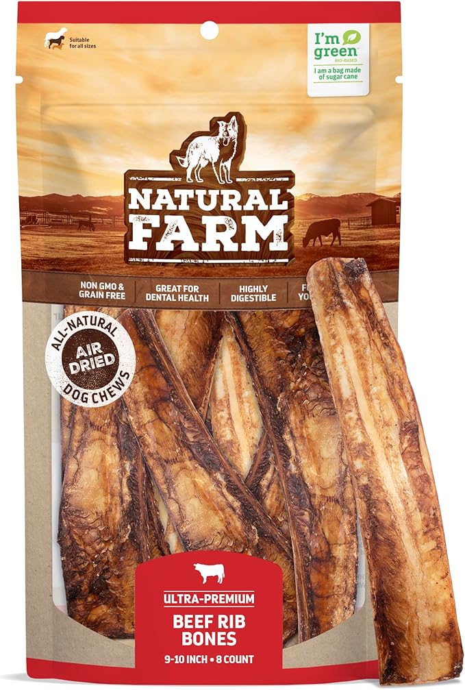 Natural Farm Rib Bones for Dogs (9-10 Inch, 8 Pack) - Beef Ribs for Dogs, Farm-Raised Cattle - Slow-Roasted Flavor Treats, Promotes Dental Health, Great for Medium and Large Dogs