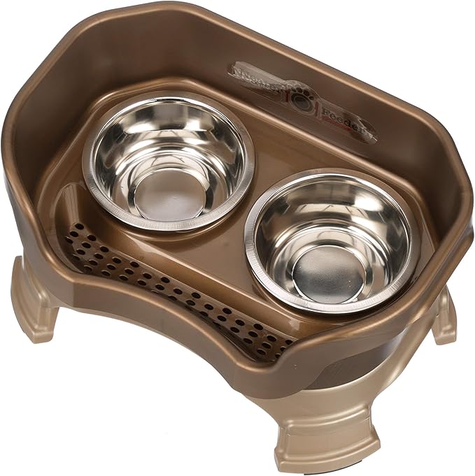 Neater Feeder Deluxe Mess Proof Dog Bowls Elevated for Small Breeds – Made in USA – No Spill Raised Dog Food Bowl Stand w/Leg Extensions – Stainless Steel Dog Food and Water Bowl Set – Bronze