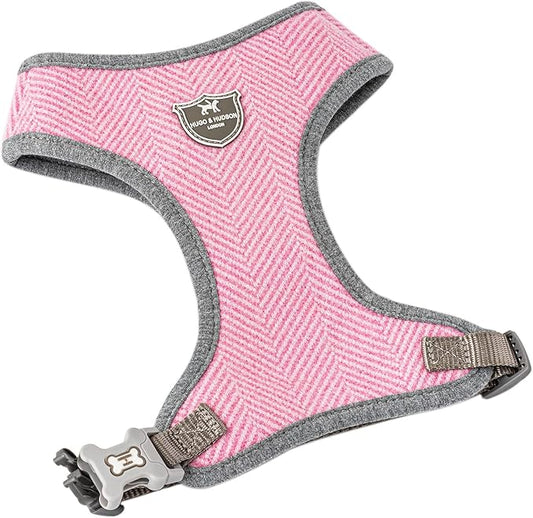 HUGO & HUDSON Dog Harness, No-Pull Anti Choke Tweed Harness Vest, Pink Herringbone, S
