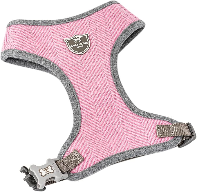 HUGO & HUDSON Dog Harness, No-Pull Anti Choke Tweed Harness Vest, Pink Herringbone, XS