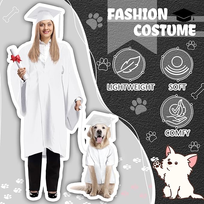 Xuniea 2 Pcs Dog Graduation Costume Set 2025 Dog Graduation Cap and Gown Puppy Hat with Tassel Matte Pet Grad Outfit Cats Grad Bear Holiday Party Costume Accessory(White,Large)