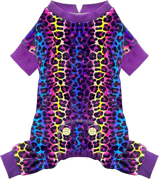KYEESE Dog Pajamas Stretchy Pet Jammies Coat Comfy Pet Onesie Costume Velvet Dog Pajamas Small Sized Dogs Soft Dogs Clothes Pjs with Leopard Pattern, Large