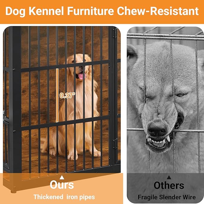 Dog Crate Furniture, 48 Inch Dog Kennel Furniture, Wooden Dog Crate Furniture Large Breed with Rotating Bowls, Heavy Duty Dogs Cage Furniture Indoor, Decorative Crates End Table, Brown