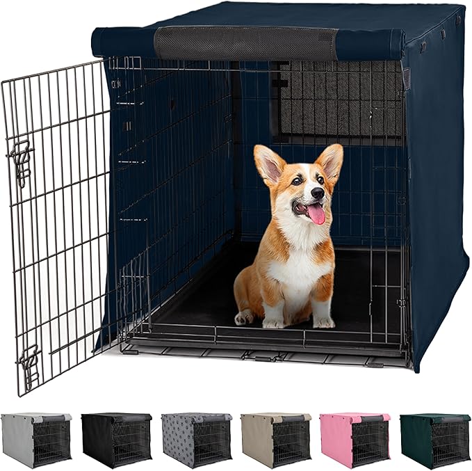 GORILLA GRIP Dog Crate Covers Compatible with Amazon Basics Dog Crates, All Sides Open, Privacy Cover Fits 30" Wire Kennel, Breathable Mesh Windows, Light Reducing Puppy Training Cage Topper, Navy