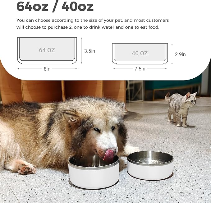 Dog Bowl, Stainless Steel Dog Food and Water Bowl with Non Slip Quiet Bottom, Easy to Clean, Dishwasher Safe, 64oz, White