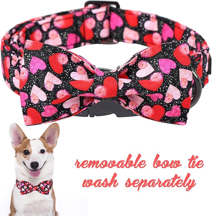 Unique Style Paws Valentine's Day Dog Collar with Bow Colorful Heart Love Dog Collars for Small Medium Large Dog New (XL, Black Bow)
