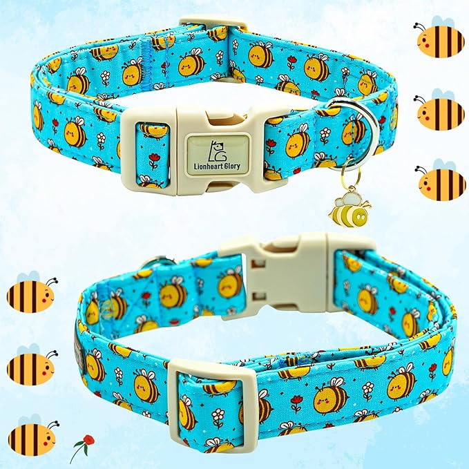 Lionheart glory Dog Collar, Bees Blue Dogs Collar Adjustable Soft Comfortable Collars for Large Dogs Girl or Boy Pet Gift Cute Spring Summer Collar