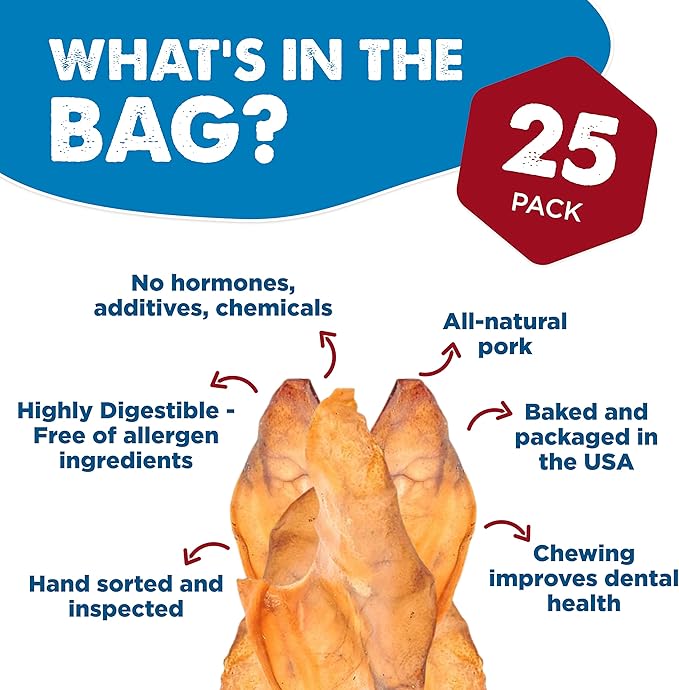 Best Bully Sticks All Natural USA Baked & Packed Pig Ears for Dogs - Single Ingredient Easily digestible 100% Pork Dog Chew Treats - Great for Puppies, Small, Medium, and Large Dogs - 25 Pack