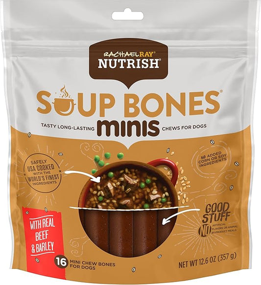 Nutrish Rachael Ray Soup Bones Minis Dog Chews with Real Beef & Barley, 16 Chews, 12.6 oz Pouch (Pack of 6)