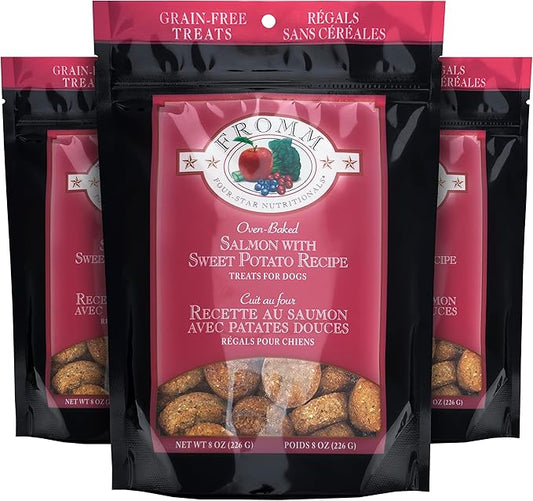 Fromm Four-Star Nutritionals Salmon with Sweet Potato Dog Treats - Premium Oven Baked Dog Snacks - Salmon Recipe - Pack of (3) 8 oz Bags