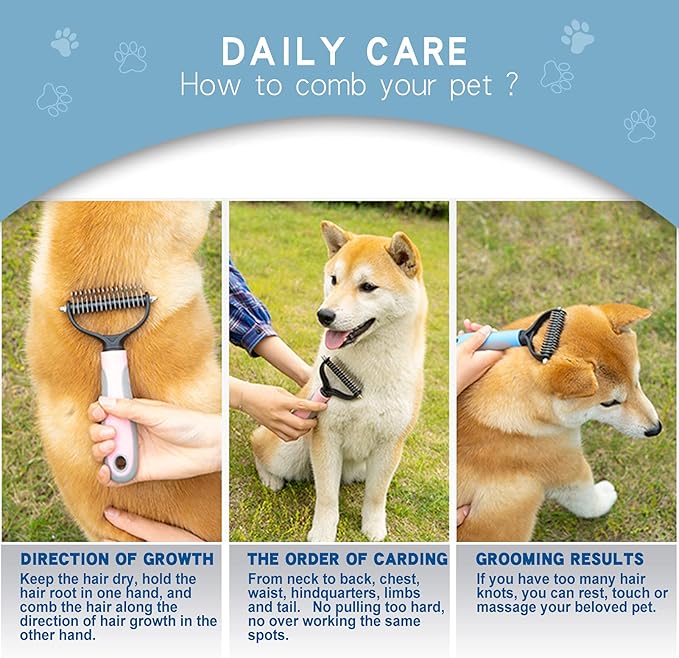 GOESWELL Double-Sided Undercoat Rake for Pet Grooming - Shedding and Dematting Comb with Grooming Glove (Blue 2 Pack)