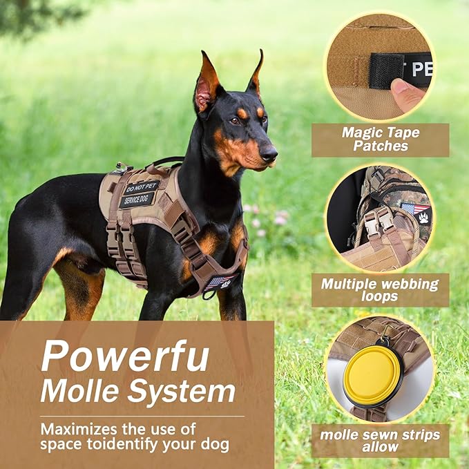 No Pull Tactical Dog Harness for Medium Dogs, Escape Proof Molle Dog Vest Harness and Leash Set, Adjustable Military Service Dog Harness with Handle for Medium Large Dogs(Brown,Medium)