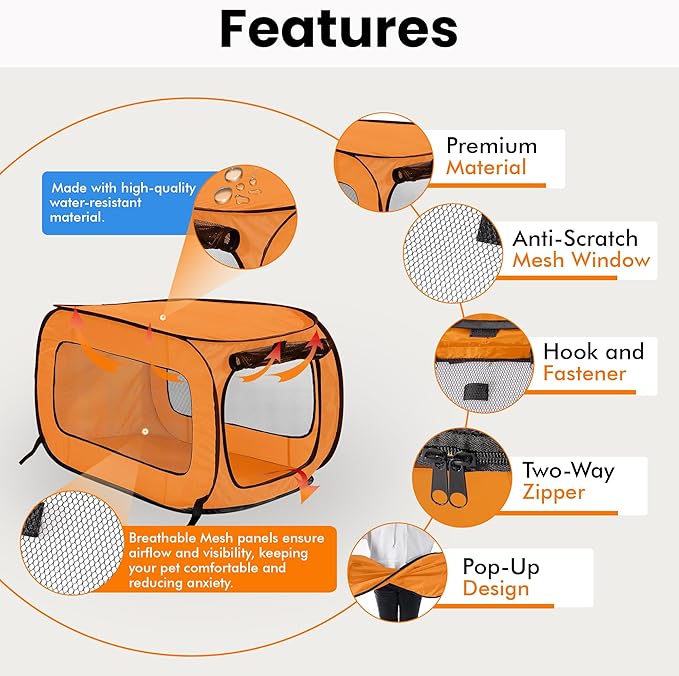 Beatrice Home Fashions Portable, Collapsible, Pop Up Kennel Travel Cat and Dog Crate, 36" L x 22" W x 22" H, Orange