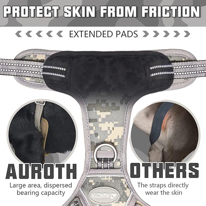 AUROTH Tactical Dog Harness for Small Medium Large Dogs No Pull Adjustable Pet Harness Reflective K9 Working Training Easy Control Pet Vest Military Service Dog Harnesses Large Grey Camo
