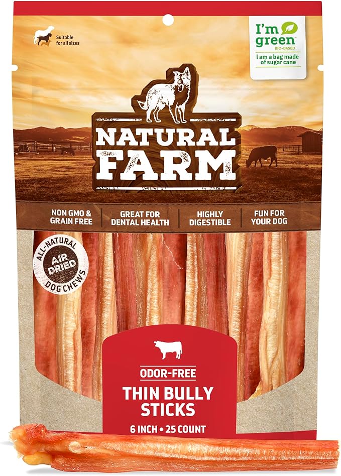 Natural Farm Odor-Free Thin Bully Sticks (6”, 25-Pack) All-Natural Long-Lasting Dog Chews, 100% Beef Pizzle, Grass-Fed, Grain-Free, Protein for Muscle Development & Energy, Perfect for Medium Chewers