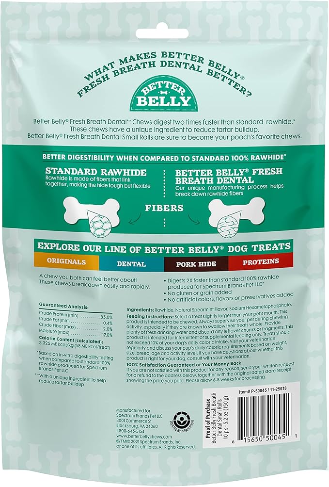 Better Belly Fresh Breath Dental Small Rolls, Dog Chews, Small, 10-Count
