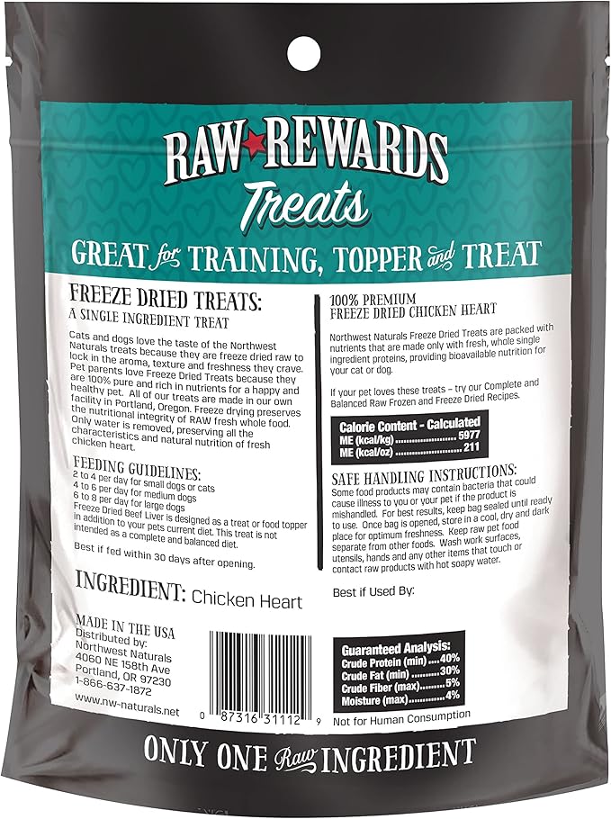Northwest Naturals Raw Rewards Freeze-Dried Chicken Heart Treats for Dogs and Cats - Bite-Sized Pieces - Healthy, 1 Ingredient, Human Grade Pet Food, All Natural - 3 Oz