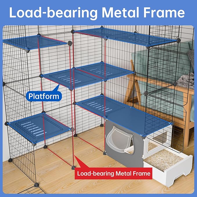 Oneluck Cat Cage with Litter Box, Large 4-Tier DIY Enclosures Detachable Metal Wire Kennel Indoor Crate Exercise Place Ideal for 1-3 Cats