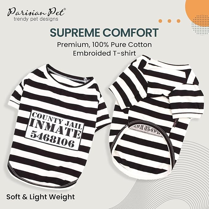 Parisian Pet Dog Shirt - Prisoner Dog Costume - 100% Cotton Black and White Strips Dog Clothes - Lightweight Polyester Dog Shirts - Sleeved Dog Costume for Large Dogs - Pet Costumes - 2XL
