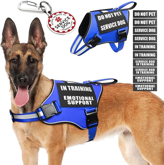Service Dog Vest Harness+ID Tag+10 Patches,Metal Serivce Dog Tag&Reflective Emotional Support Dog Vest with Handle for Large Dogs,Easy Put On/Off for Training/Walking/Everyday Blue L